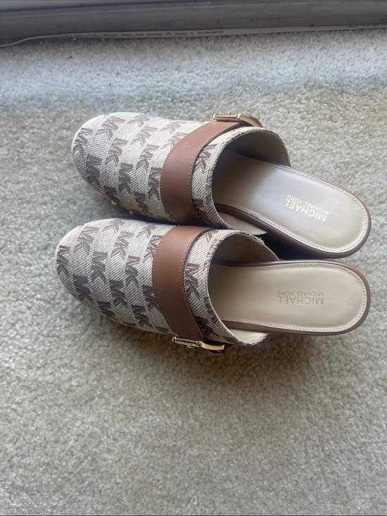 Michael Kors Shoes - Michael Kors Beige and Brown Logo Slip-On Mules with Buckle